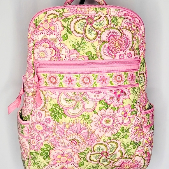 Vera Bradley Pink Green Floral Quilted Backpack | Lightweight Zip Bag - Picture 7 of 7